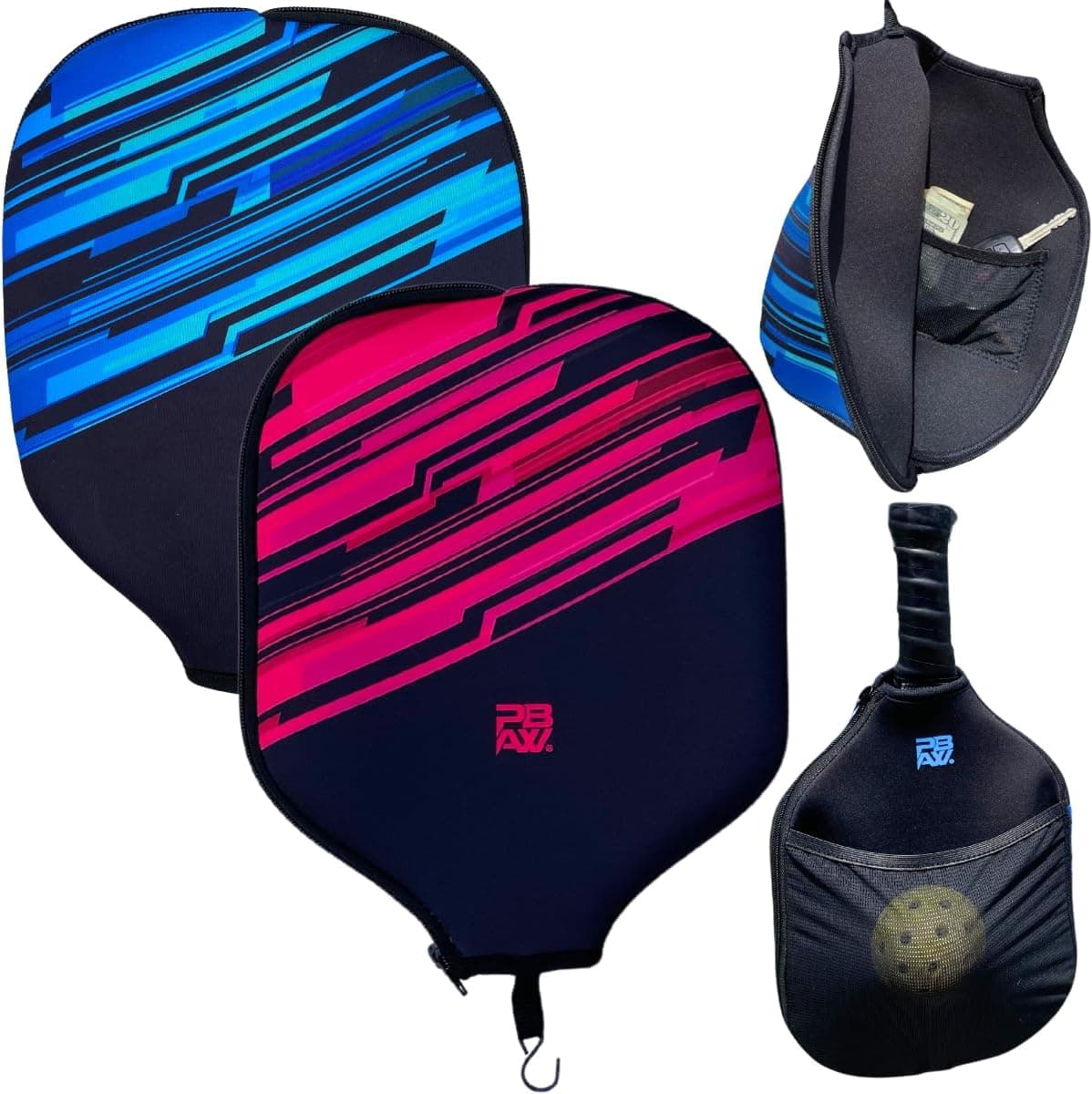 PBAW Neoprene Pickleball Paddle Covers 2-Pack, 2 Pockets, Fence Hook (Blue & Green)