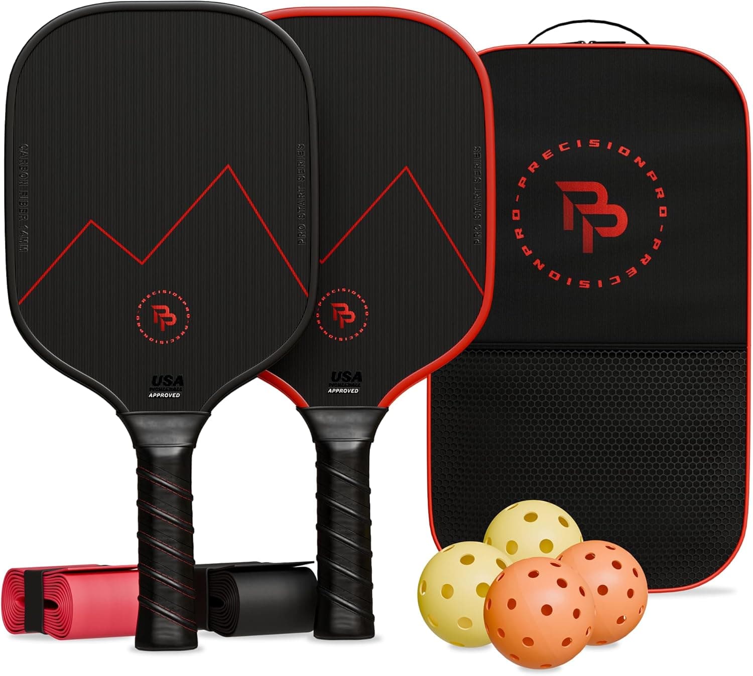 Precision Pro Carbon Fiber Pickleball Paddles Set of 2 USAPA Approved T700 14mm Core with 4 Balls and Bag